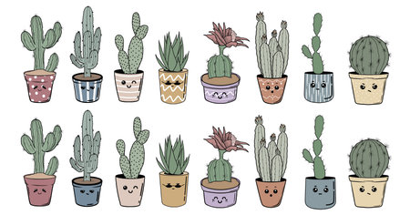 Cute cactuses in pots. Vector illustration.のイラスト素材