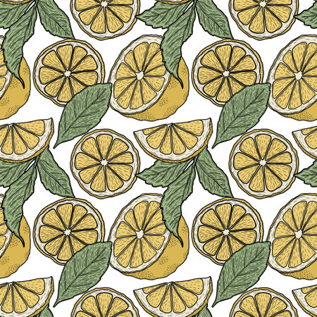 Seamless pattern with lemons and leaves. Vector illustration.の写真素材