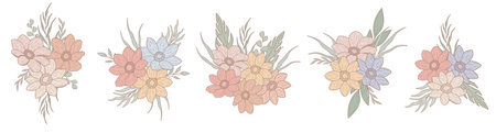 Vector set of hand drawn floral bouquets in pastel colorsのイラスト素材
