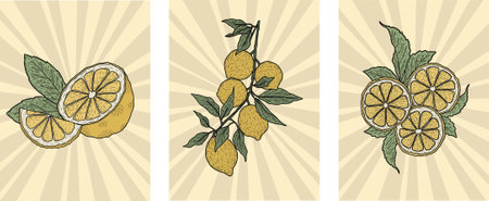 Lemon vector set. Illustration of lemon with leaves.のイラスト素材