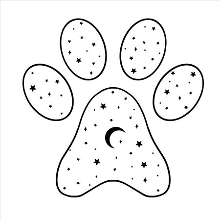 Paw print with moon and stars. Black vector illustration.のイラスト素材