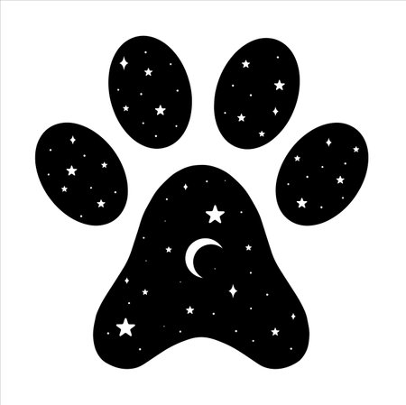 Paw print with moon and stars. Black vector illustration.のイラスト素材