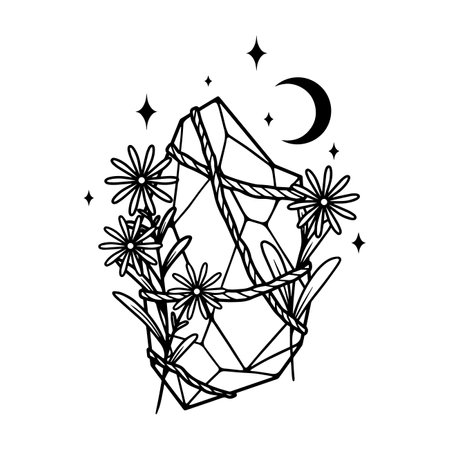Magic crystal with flowers and moon. Vector illustration.のイラスト素材