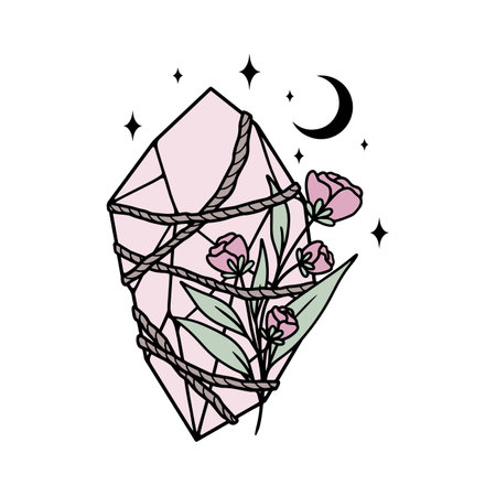 Magic crystal with flowers and moon. Vector illustration.のイラスト素材