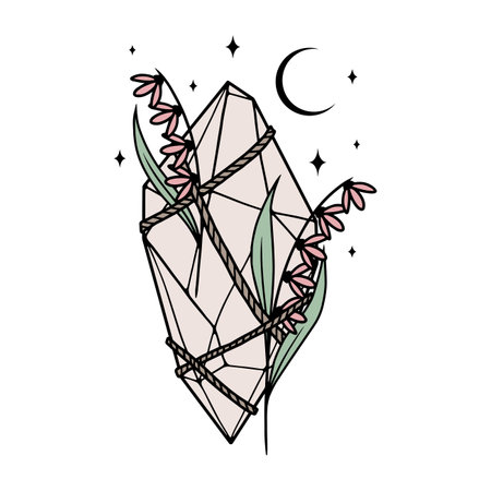 Magic crystal with flowers and moon. Vector illustration.のイラスト素材