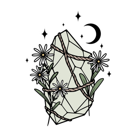Magic crystal with flowers and moon. Vector illustration.のイラスト素材