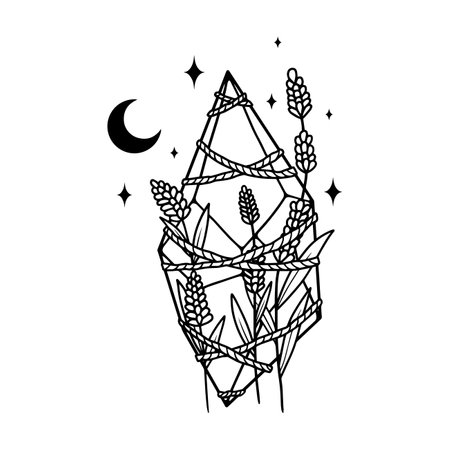 Magic crystal with flowers and moon. Vector illustration.のイラスト素材