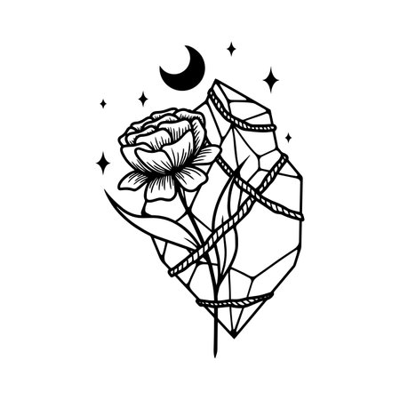 Magic crystal with flowers and moon. Vector illustration.のイラスト素材