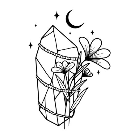 Magic crystal with flowers and moon. Vector illustration.のイラスト素材