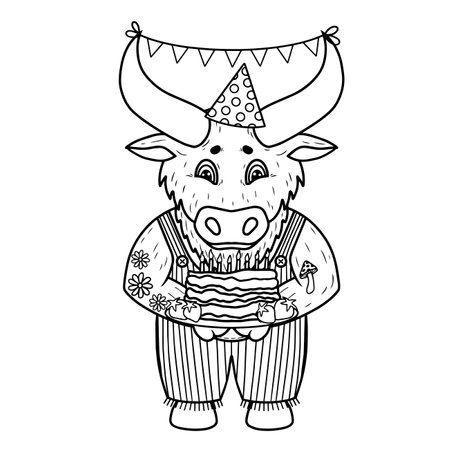 Farm bull with birthday cake, party hat and birthday decorations, vector artのイラスト素材