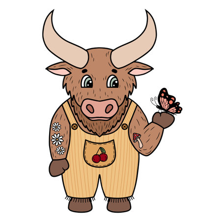 Cute cartoon bull in overalls with butterfly. Vector illustration.のイラスト素材