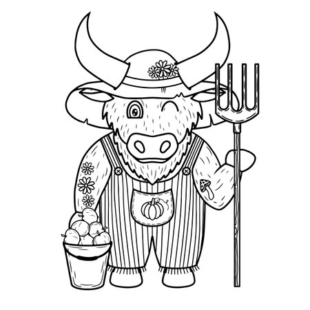 Vector illustration of a bull farmer with a pitchfork and a bucket of applesのイラスト素材