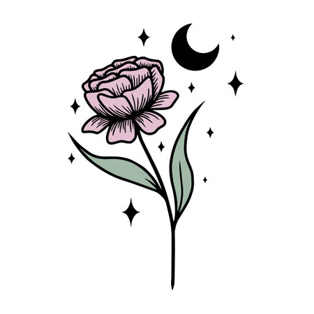 Minimalistic line art illustration of flowers with moon and stars, vector artのイラスト素材