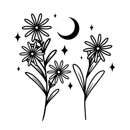 Minimalistic line art illustration of flowers with moon and stars, vector artのイラスト素材