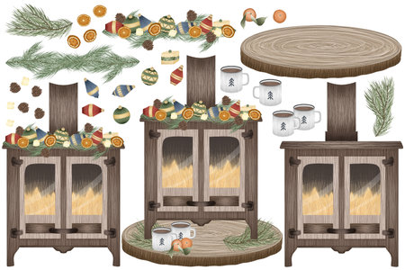 Illustration of a wooden fireplaces with Christmas decorations on a white backgroundの写真素材