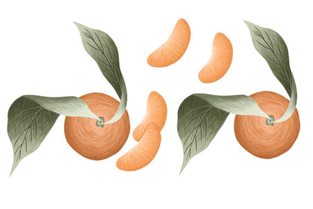 Mandarin fruits with leaves isolated on white background.の写真素材