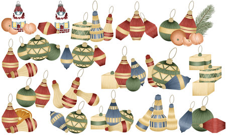Illustration of a set of Christmas ornaments on a white backgroundの写真素材