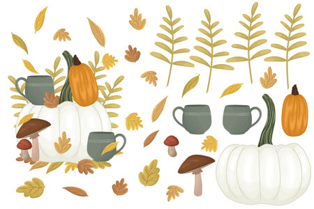 Autumn leaves, pumpkins, mushrooms and cups.の写真素材