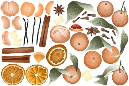 Citrus fruits and spices. Illustration of oranges, cinnamon, cloves, star anise.の写真素材