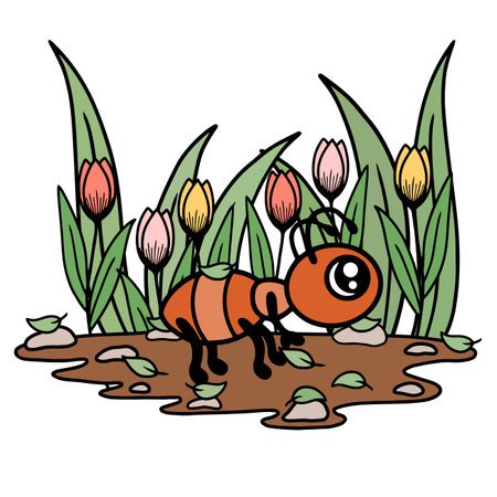 Ant with tulips. Vector illustration.のイラスト素材