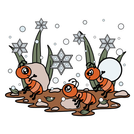 illustration of ants on the ground with snowflakes in the backgroundのイラスト素材