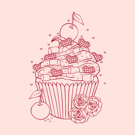 Valentine's day romantic cupcake with chocolates, cookies and decorations, vector line art, romantic illustrationのイラスト素材