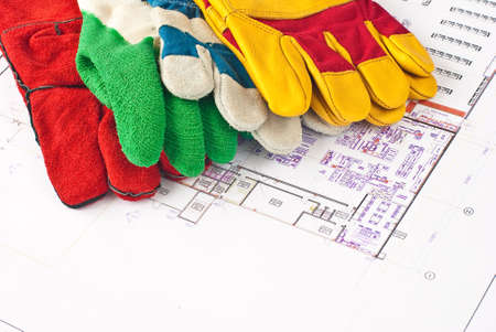 Multicolored construction protective gloves の写真素材