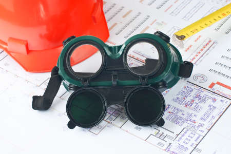 Construction protective glove with helmet and rouletteの写真素材