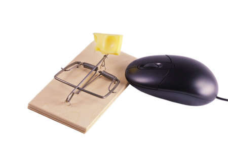 Computer mouse and mousetrap isolated on white backgroundの写真素材