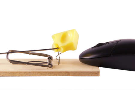 Computer mouse and mousetrap isolated on white backgroundの写真素材