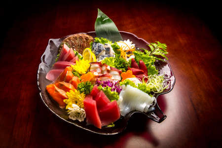 fresh sashimi on the plate (sashimi, seafood, sushi)の写真素材