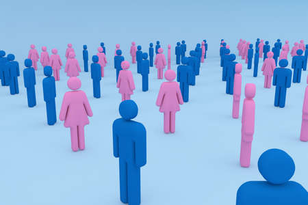 3D Render: Female and male representation of a crowd, standing at a safe distance, from above view, from each other due to the Coronavirus Pandemic.の写真素材