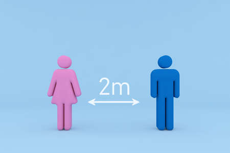 Female and male representation of two people, standing at a safe distance from each other due to the Coronavirus Pandemic.の写真素材