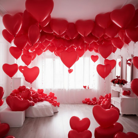 Valentine's day interior with red heart shaped balloons and bed. a room decorated with balloons in the shape of hearts. Generative AIの素材