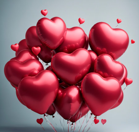 Valentine's day background with red heart balloons. a bunch of helium balloons in the form of red hearts on a gray background. Generative AIの素材