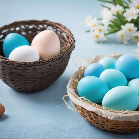 Easter eggs in a basket on a blue background with spring flowers. blue Easter eggs on the table. chamomile flowers. Generative AIの素材