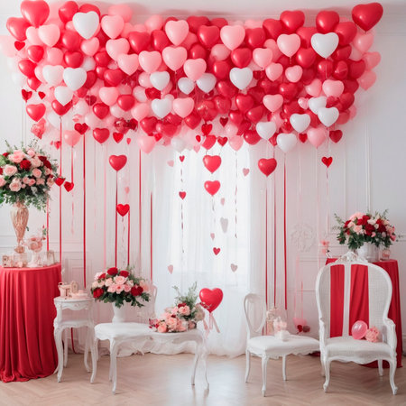 Valentine's Day. The interior of the room is decorated with red balloons. beautiful balloon decoration for Valentine's day or wedding. AI Generativeの素材