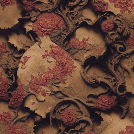 Vintage floral pattern in the form of roses on a brown background. The texture of the wallpaper with an exotic floral pattern. the pattern. Generated AI.の素材