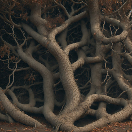 Beautiful tree roots in the forest. 3d render illustration. The texture of the wallpaper with a pattern of tree roots. Generated A.I.の素材