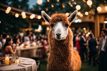 Llama in front of the wedding table at a wedding reception. A llama at a people's party. I feel stupid at a party among a lot of people. Generative AIの素材