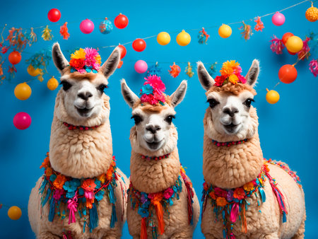 Three funny alpaca with colorful garlands on blue background. three llamas at a party on a blue background. for a postcard. Generative AIの素材