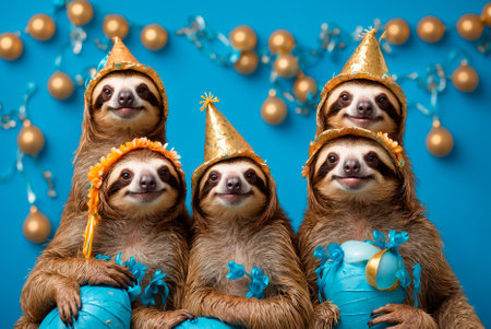 Group of three sloths in party hats on a blue background. Funny sloths at a party on a blue background. Generative AIの素材