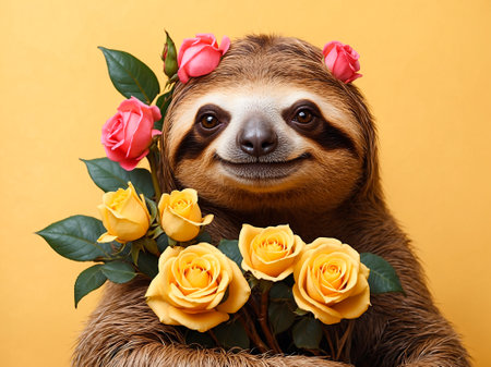 funny sloth with a bouquet of roses on a yellow background. for a birthday card or International Women's Day, March 8th. Generative AIの素材