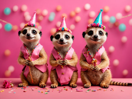 Three cute meerkats in birthday hats on a pink background. Funny meerkats at a party on a pink background. for a postcard. Generative AIの素材