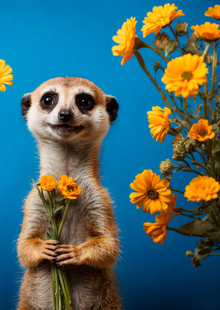 Cute meerkat with a bouquet of flowers on a blue background. funny meerkat with a bouquet of flowers on a blue background. for a postcard. Generative AIの素材