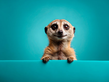 Funny meerkat on a blue background with space for text. turquoise text space for advertising. Generative AI.の素材