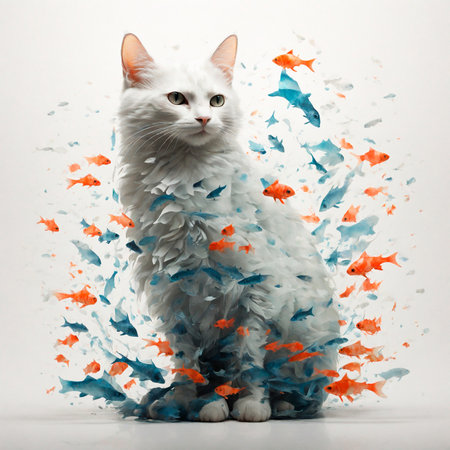 White cat with a flock of goldfish on a white background. cat food. generated by AIの素材