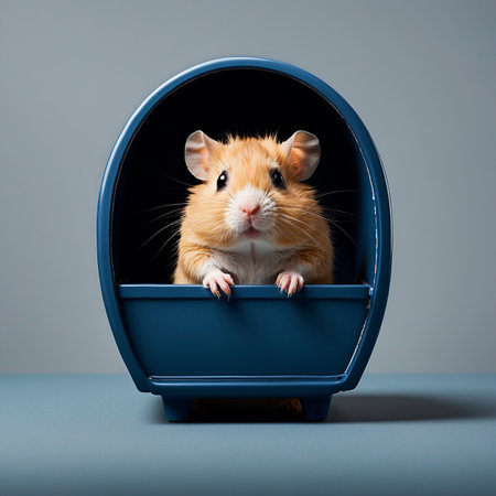 Funny hamster in a blue box on a gray background. Generative AIの素材