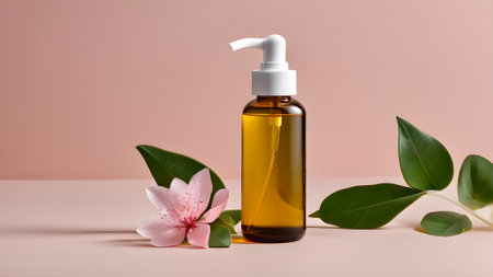 Amber glass bottle with dropper and pink flower on pink background. AI generationの素材