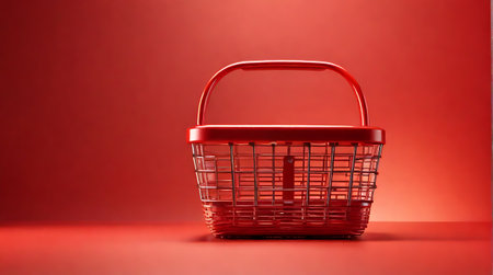 Empty shopping basket on a red background, conceptual image of shopping. generated by AIの素材